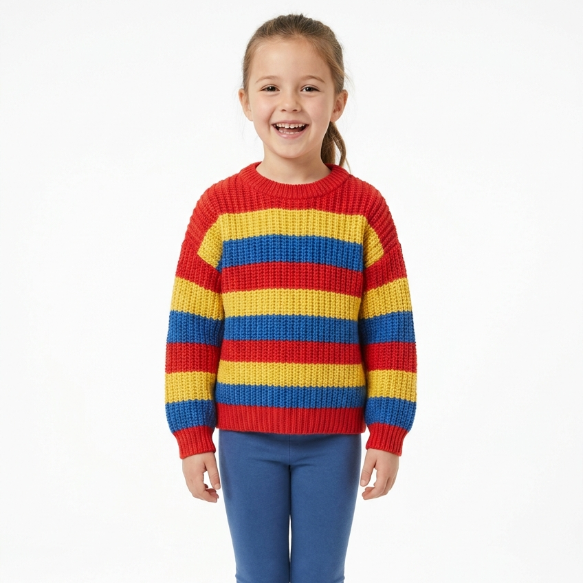A girl in a bright rainbow-striped knit sweater