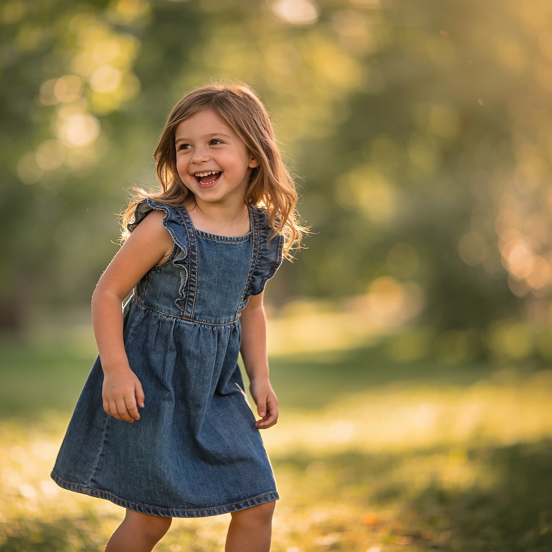 A child in a plain denim dress