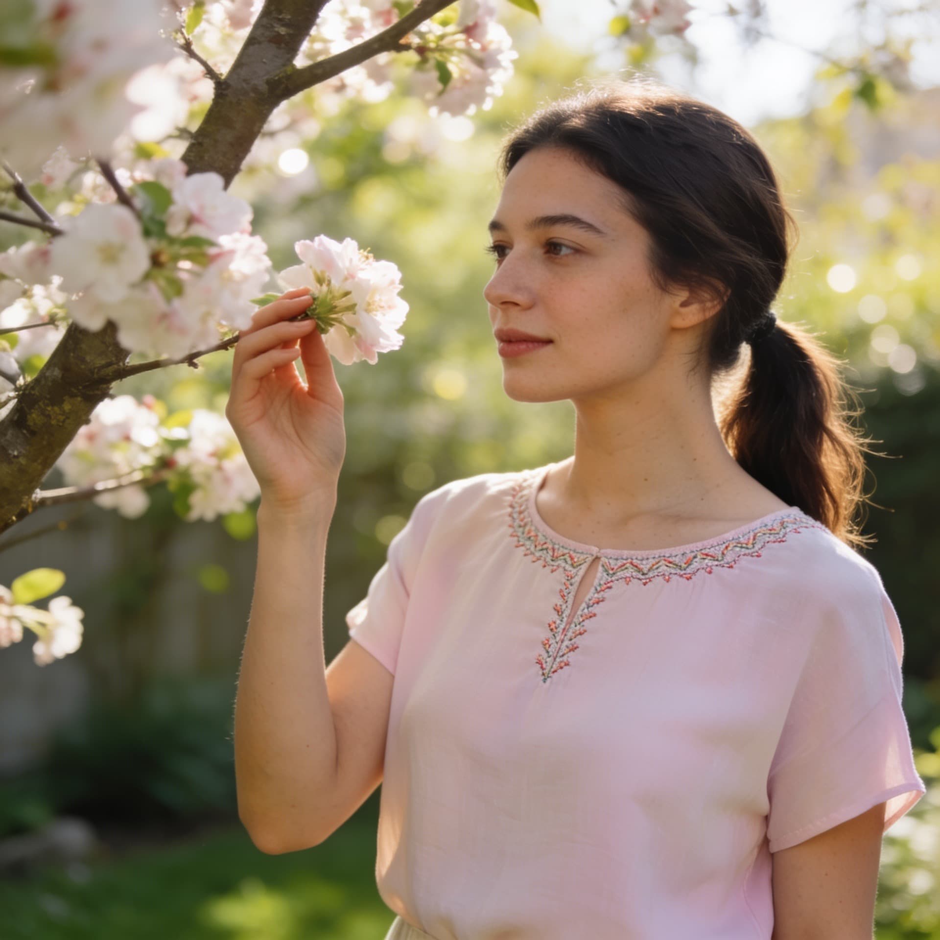 A woman in a top with an embroidered neckline