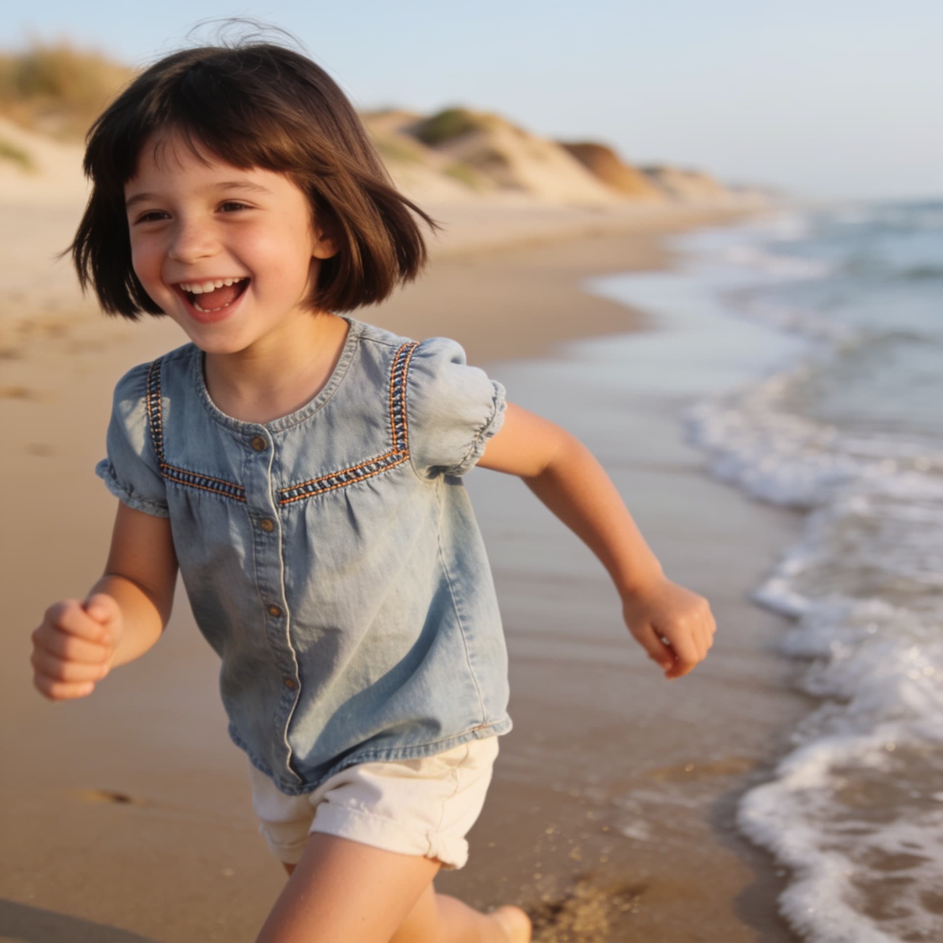 A child in a denim top on the beach