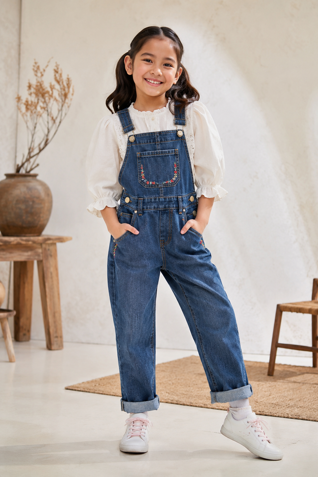 A child in denim overalls