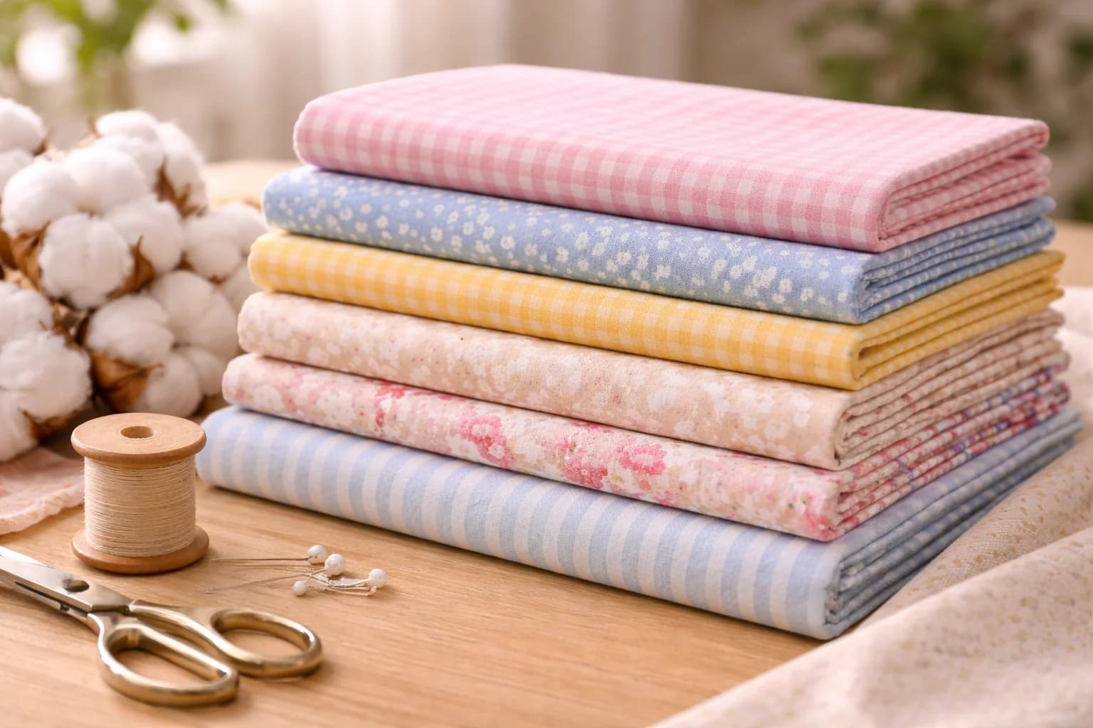 A neat stack of folded pastel printed fabrics with cotton, a spool and scissors